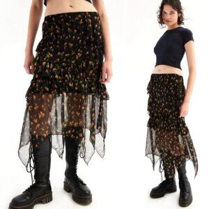 URBAN OUTFITTERS Tuli Ruffle Floral Handkerchief Midi Skirt Black Grunge Goth S